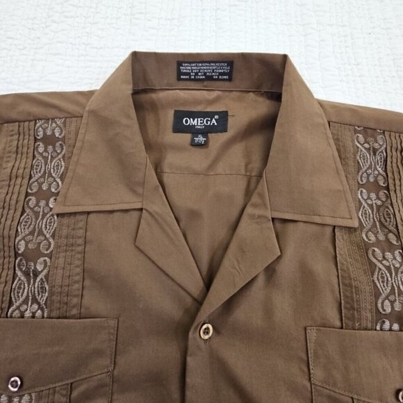 Omega Cubavera Shirt Mens XL Button Down Brown Embroidered 4 Pocket Italy EUC LN - Picture 6 of 14